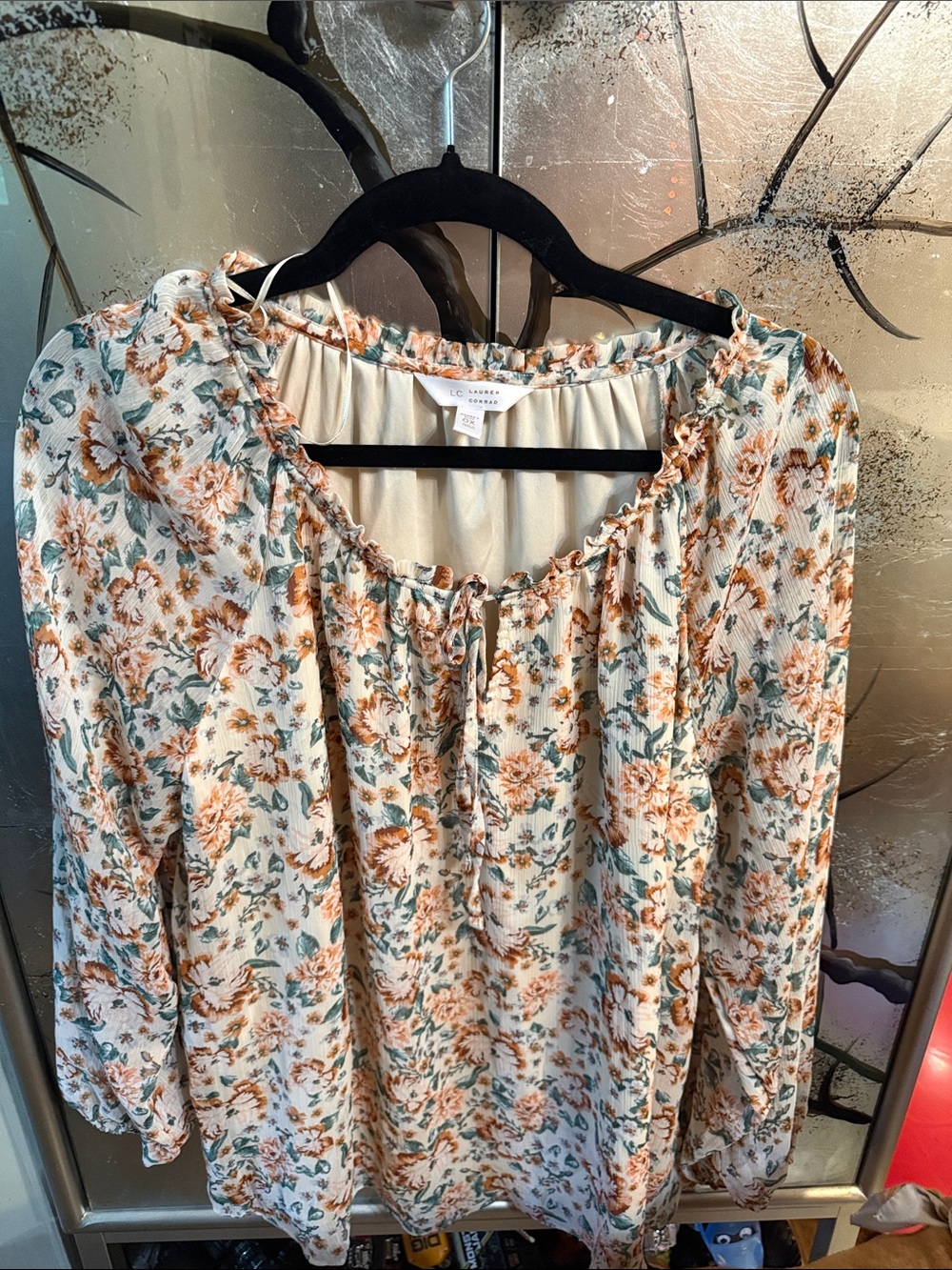 LC Lauren Conrad Cream Floral Peasant Top with Rust & Sage Accents
